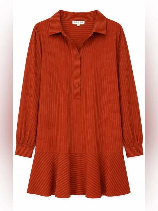 She + Sky Dresses & Skirts - She + Sky Cotton Blend Rust Orange Textured Long Sleeve Shirt Dress- S